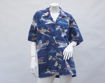 Vintage Men's Hawaii Shirt P-51 Mustang , P-47 Thunderbolt, B-24 Liberator , WWII Airplane Print Hawaiian Shirt By RJC Made in Hawaii