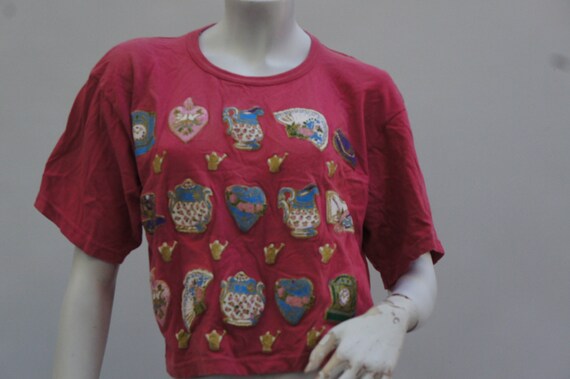 Vintage 90s Cropped Pink Teapot Print T-shirt Gra… - image 8