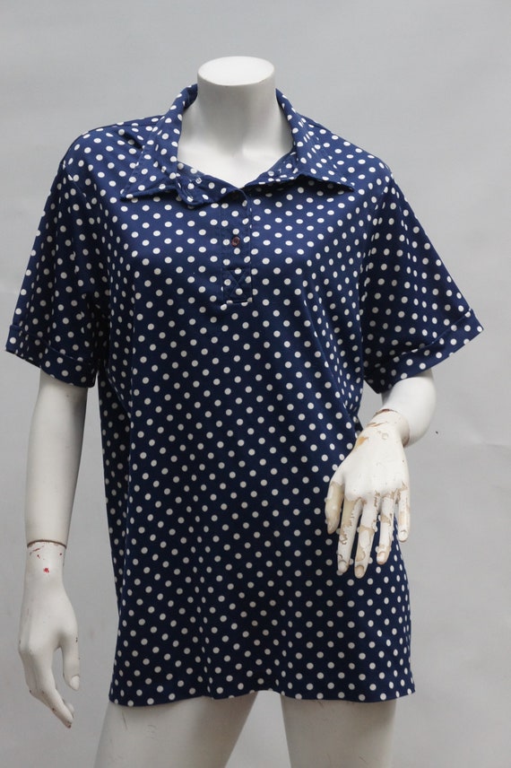 Vintage 70s Navy Blue Polka Dot Knit Blouse Top S… - image 8