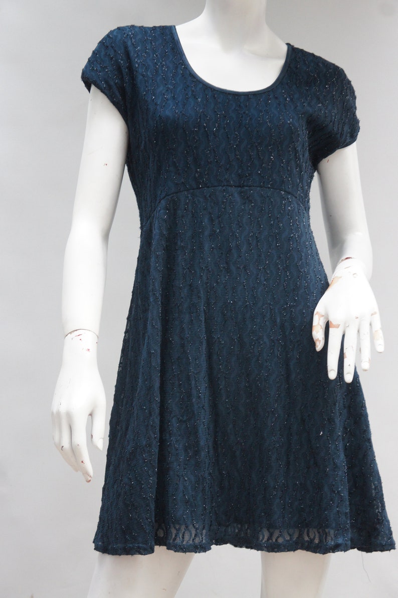 Vintage 90s All That Jazz Blue Knit Glitter Lace Skater Dress