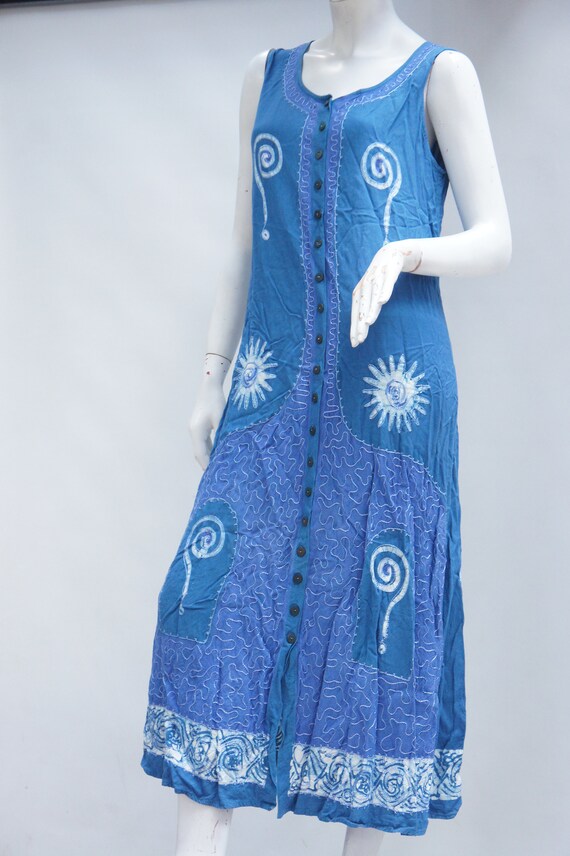 Vintage 90s Embroidered Batik Print Maxi Dress Bo… - image 5