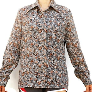 Vintage 70er Jahre Damen Blumen Print Bluse Button Down Shirt Boho Hippie Retro