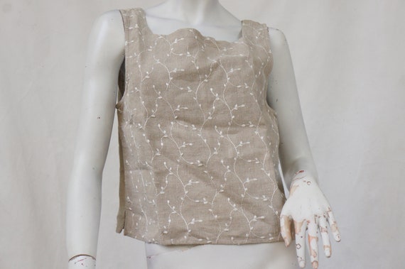 Vintage 90s Embroidered Cropped Linen Tank Top Ve… - image 3