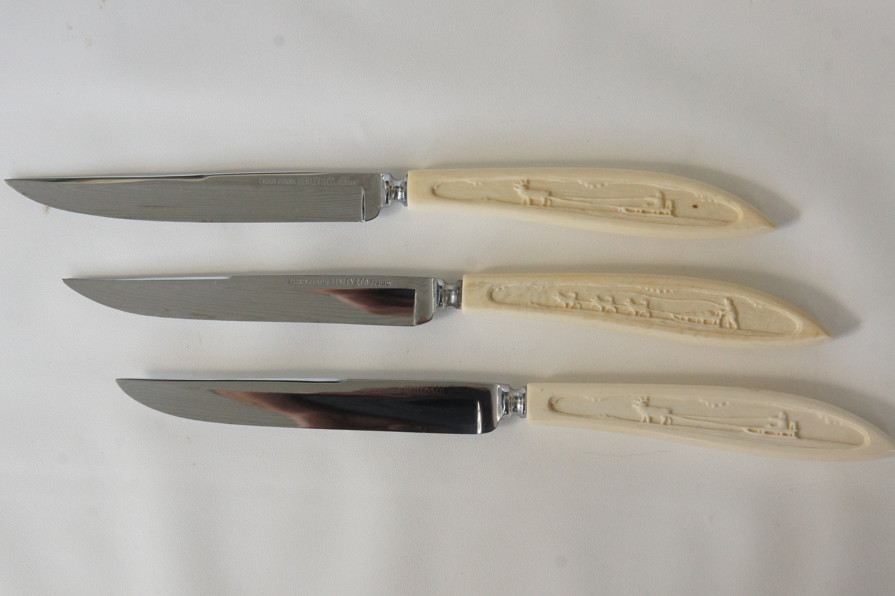 5 Voos Stainless Steak Knives Faux Horn Bone Handles Vintage German 