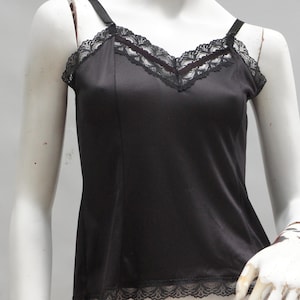 Vintage Black Lace Trim Nylon Slip Top Camisole Tank Lingerie Retro Goth Grannycore