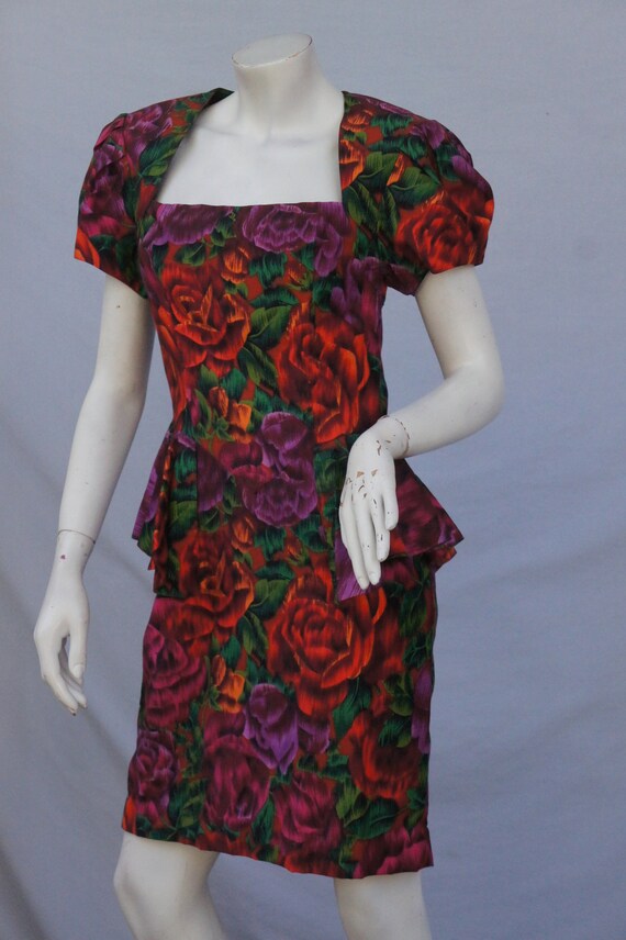 Vintage 80s 40s Style Floral Print Peplum Dress O… - image 6