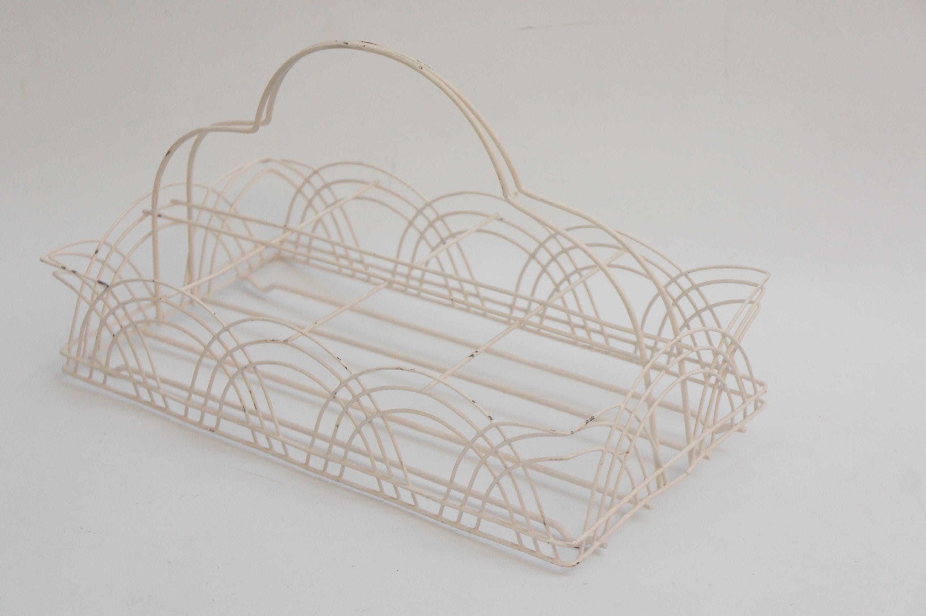Vintage White Metal Wire Basket Glass Caddy Cup Holder Carrier