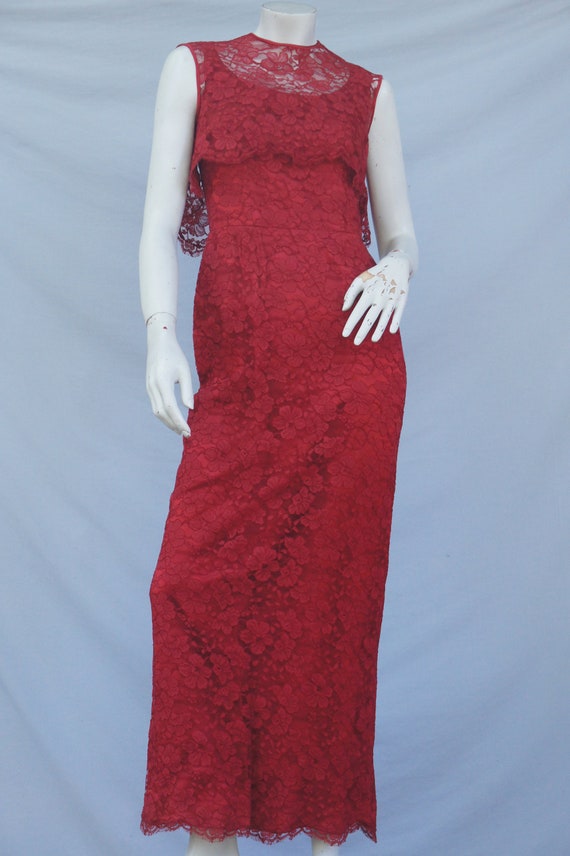 Vintage 50s Red Lace Maxi Dress Gown Retro Mid Ce… - image 2