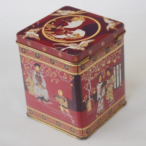 Vintage Asian Print Tea Tin Box Canister Boho Cottagecore Home Decor Kitchen Storage Container Gift