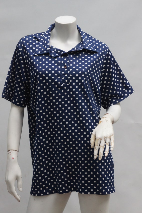 Vintage 70s Navy Blue Polka Dot Knit Blouse Top S… - image 5