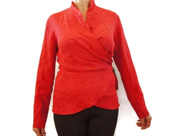 Vintage 90s-Y2k Tahari Red Silk Wrap High Collar Blouse High Fashion Designer Top