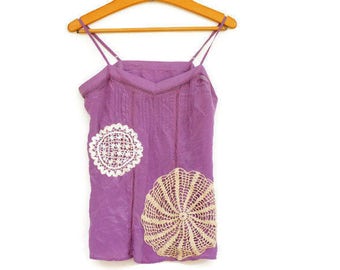 Vintage Upcycled Purple Silk Camisole Tank Top Bohemian Chic Cottagecore