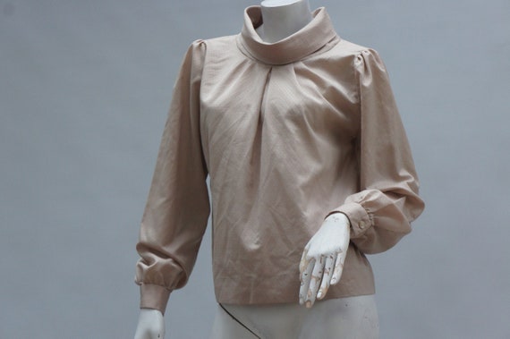 Vintage 80s High Funnel Collar Ruched Blouse High… - image 3