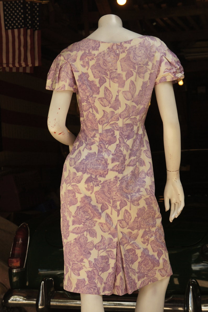 Vintage 50s Purple Floral Rose Print Dress Retro Mid Century Wiggle Dress Midi Dress image 4