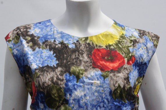 Vintage 50s-60s Bright Floral Print Midi Dress Mi… - image 3