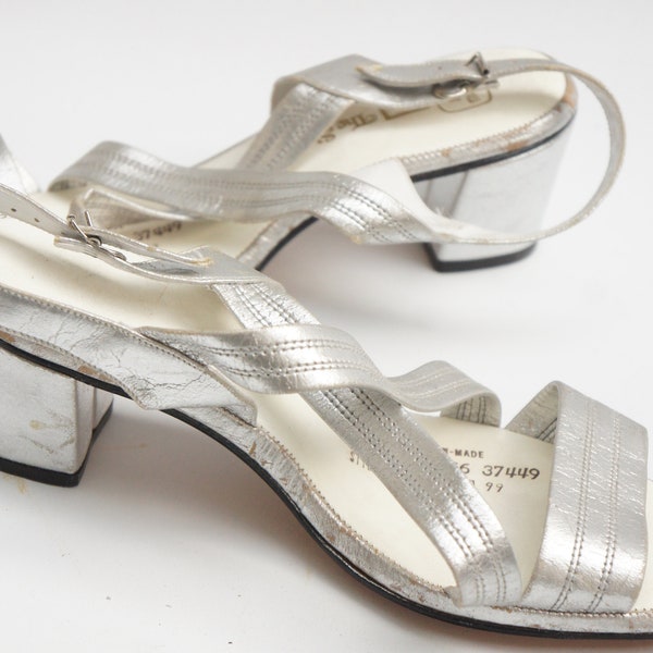 Vintage 60s Silver Sandal Shoes Size 8 Party New Year Wedding Retro Mid Century Mod