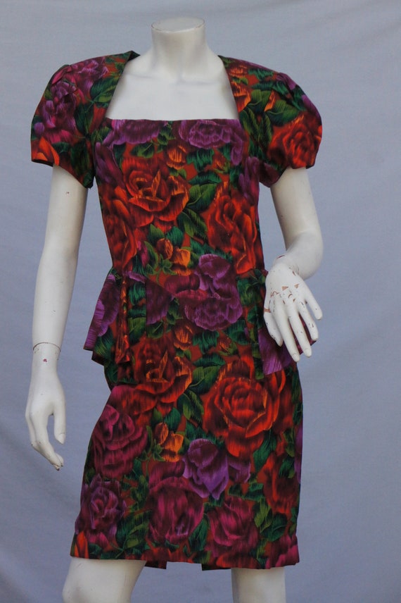 Vintage 80s 40s Style Floral Print Peplum Dress O… - image 5