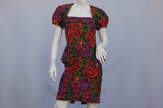 Vintage 80s 40s Style Floral Print Peplum Dress O… - image 1