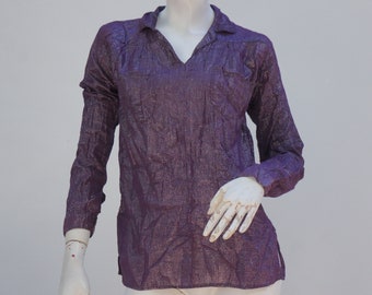 Vintage jaren 80 Indiase doorschijnende paarse blousetuniektop met metallic zilverdraad Boho Boho