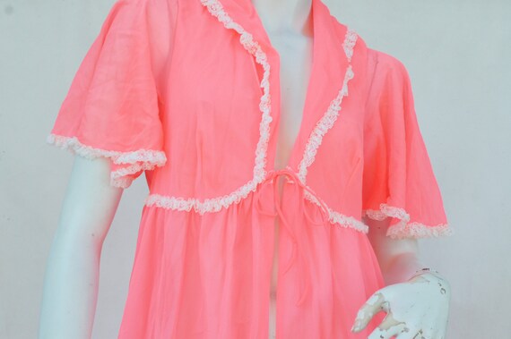 Vintage 60s Long Pink Lace Trim Robe Peignoir Lin… - image 3