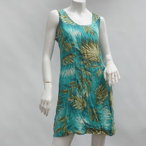 Vintage 90s Short Hawaii Palm Leaf Print Dress Tropical Mini Dress Boho Beach Tropical
