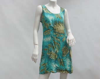 Vintage 90s Short Palm Leaf Print Dress Tropical Mini Dress