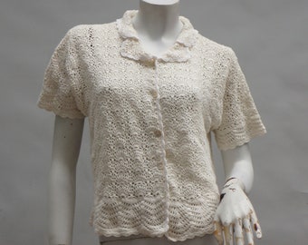 Vintage White Crochet Lace Cardigan By Jantzen Petite Cottagecore Grannycore Boho Retro Romantic