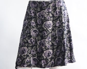 Vintage 80er-90er Jahre Schwedischer Lila Floraler Samt Midi Rock Boho Hippie Retro