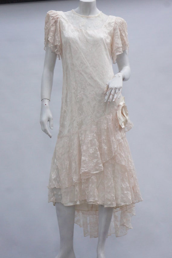 Vintage 80s-90s 30s Style Creme Lace Dress Romant… - image 2