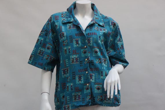 Vintage 80s Kachina Print Blouse Button Down Shirt Si… - Gem