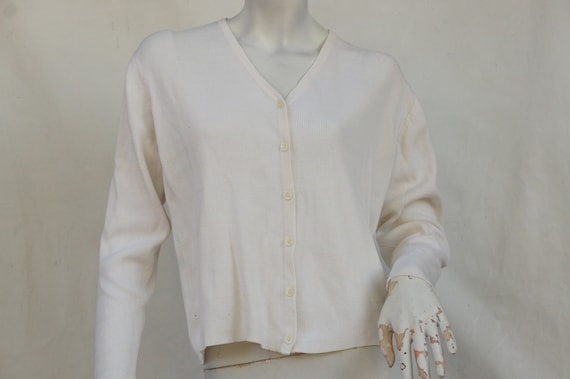 Vintage 90s White Rib Knit Cardigan Sweater