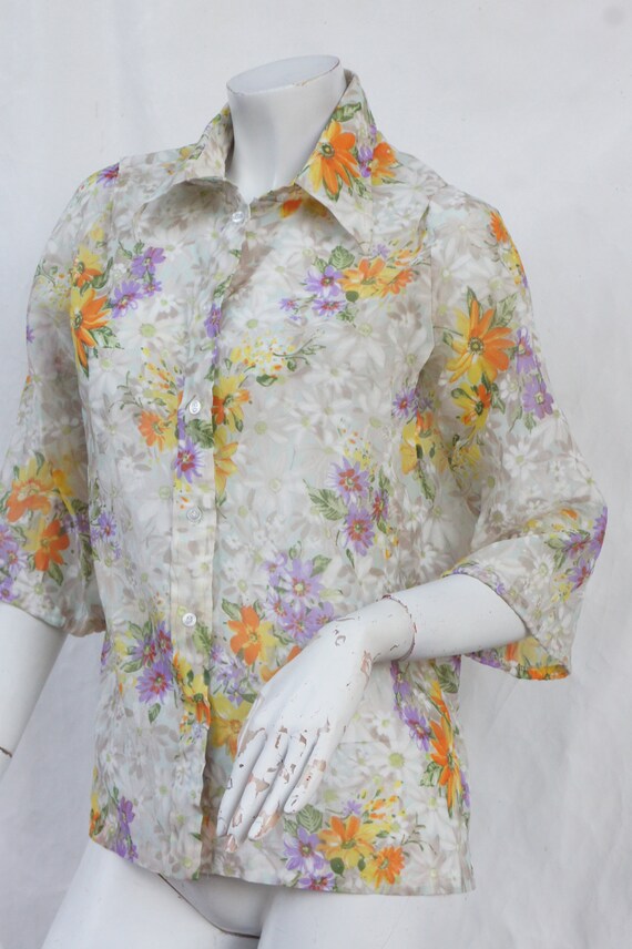 Vintage 70s Floral Sheer Blouse Button Down Shirt… - image 4