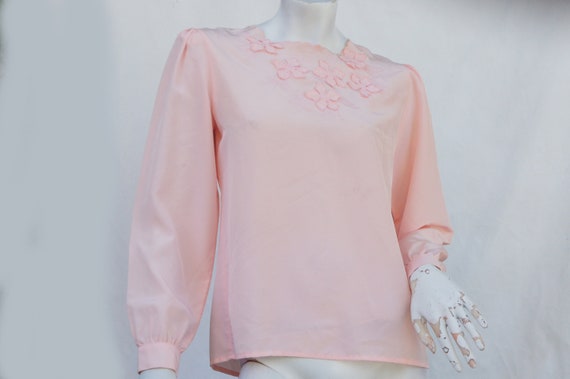 Vintage 80s Flower Applique Pink Puff Sleeve Blou… - image 1