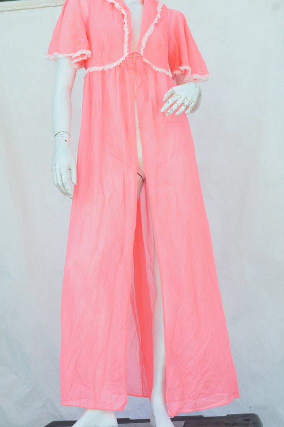 Vintage 60s Long Pink Lace Trim Robe Peignoir Lin… - image 8