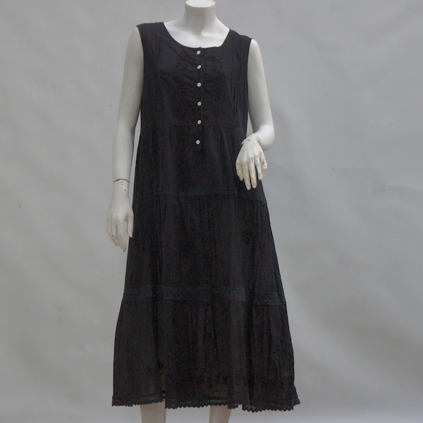 Vintage Lace Trim Embroidered Tiered Black Dress Made In India Boho Goth Hippie