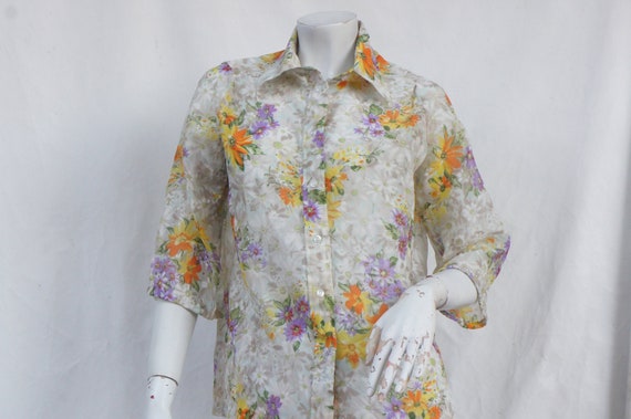Vintage 70s Floral Sheer Blouse Button Down Shirt… - image 1