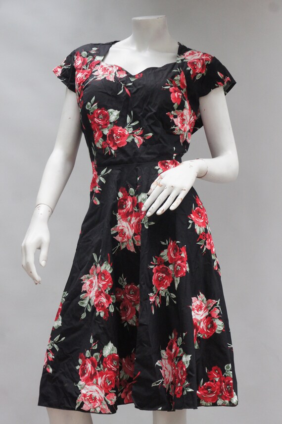 Vintage 90s 50s style Floral Rose Print Midi Dres… - image 10