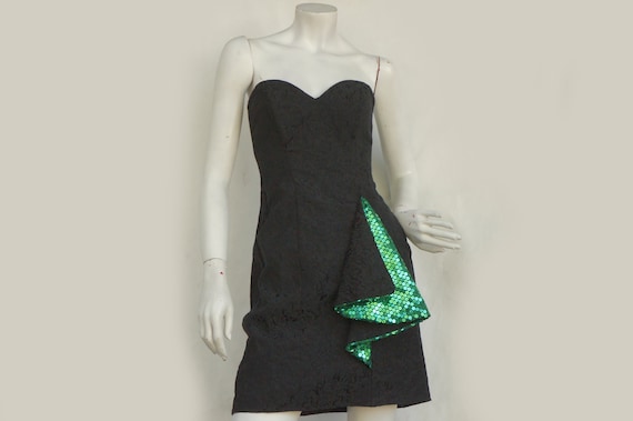 Vintage 80s Strapless Mini Dress With Sequin Ruff… - image 1