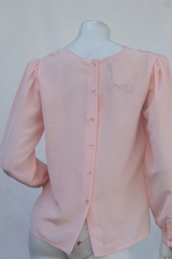 Vintage 80s Flower Applique Pink Puff Sleeve Blou… - image 6