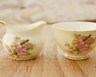 Vintage Peach Blossom Creamer & Sugar Bowl Set By Sutherland Bone China Cottagecore shabby Chic Farmhouse Gift
