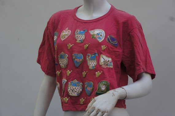 Vintage 90s Cropped Pink Teapot Print T-shirt Gra… - image 4