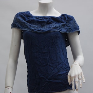 Vintage Embroidered Indigo Rayon Off The Shoulders Peasant Blouse Top Boho