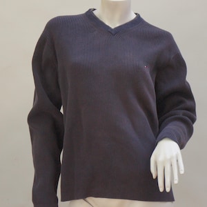 Vintage 90s Men&#39;s Tommy Hilfiger Navy Blue V-neck  Ribbed Cotton Sweater Pullover Nautical