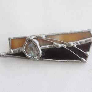 Vintage Handmade Abstract Stained Glass Brooch With Abalone Inlay Modern Boho Costume Jewelry Gift