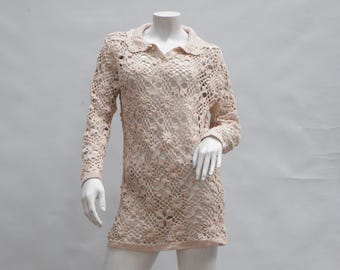 Vintage open gehaakte katoenen trui met open kant Cottagecore Boho