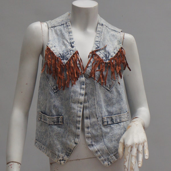 Vintage 90s Stone Washed Jean Vest With Fringe By Bezerk