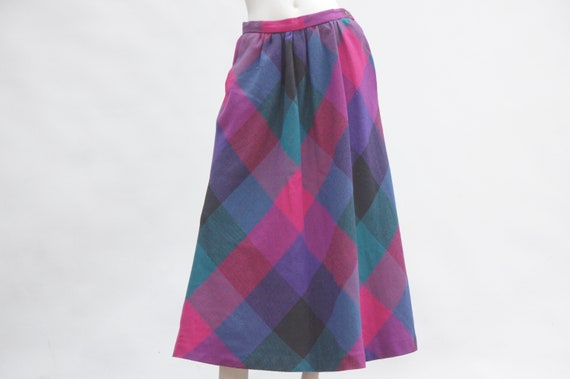 Vintage 70s Diagonal Plaid Midi Skirt Retro Mid C… - image 1