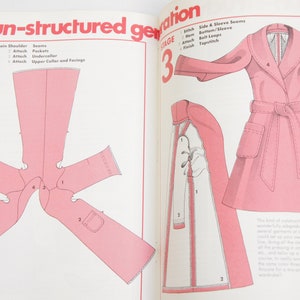 May include: A two-page spread from a sewing book showing the steps to create an unstructured garment. The first page shows a pink pattern piece with numbered sections. The second page shows a pink coat with a belt and pockets. The text on the page reads "the un-structured generation" and "Stage 2" and "Stage 3".