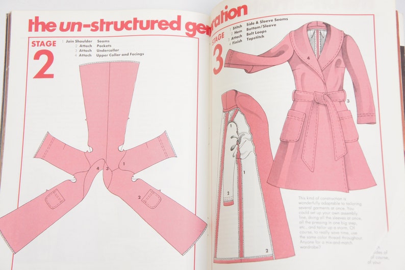 May include: A two-page spread from a sewing book showing the steps to create an unstructured garment. The first page shows a pink pattern piece with numbered sections. The second page shows a pink coat with a belt and pockets. The text on the page reads "the un-structured generation" and "Stage 2" and "Stage 3".