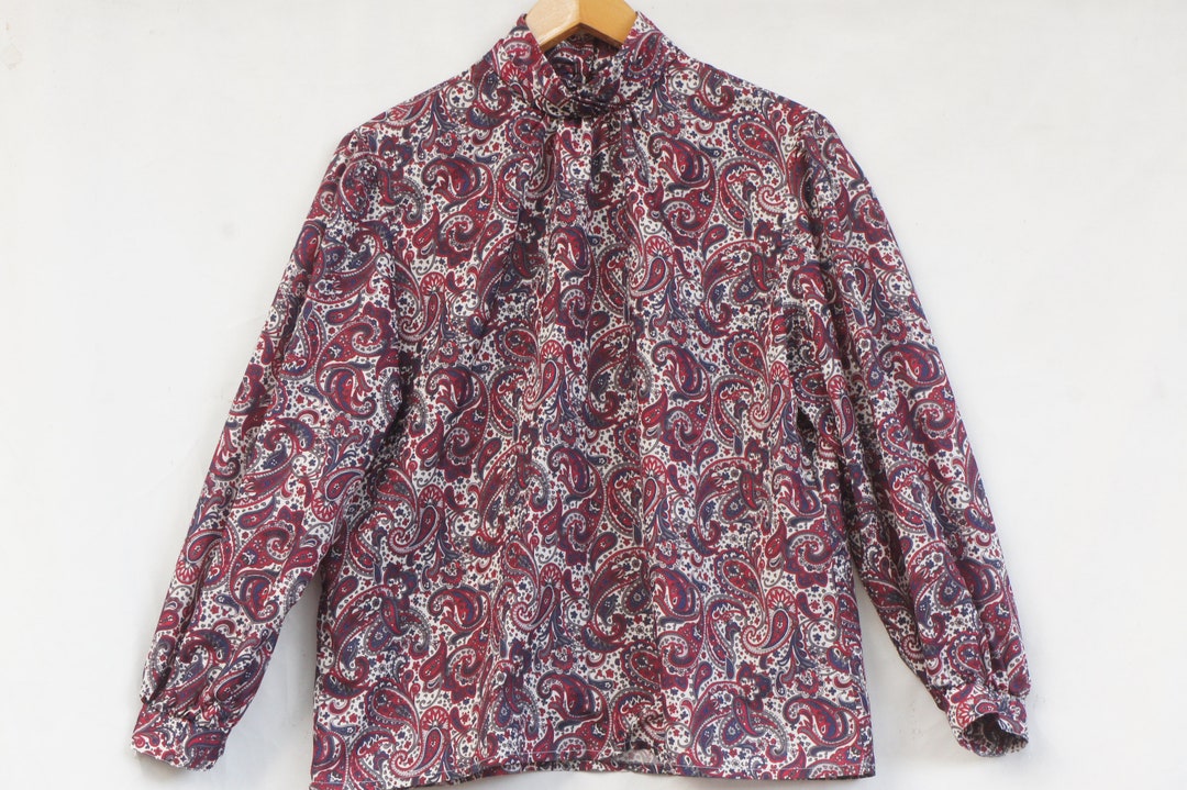 Vintage 80s Paisley Print High Collar Puff Sleeve Blouse Retro ...